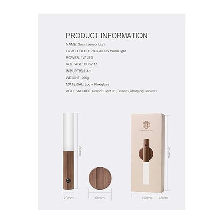 Glass Wood Motion Sensor LED Night Light, Motion Activated,Wall Lights Battery Operated,Rechargeable Wall Lights,Wireless Wall Light,Suitable For Corridors, Stairs, Bedrooms, Brown