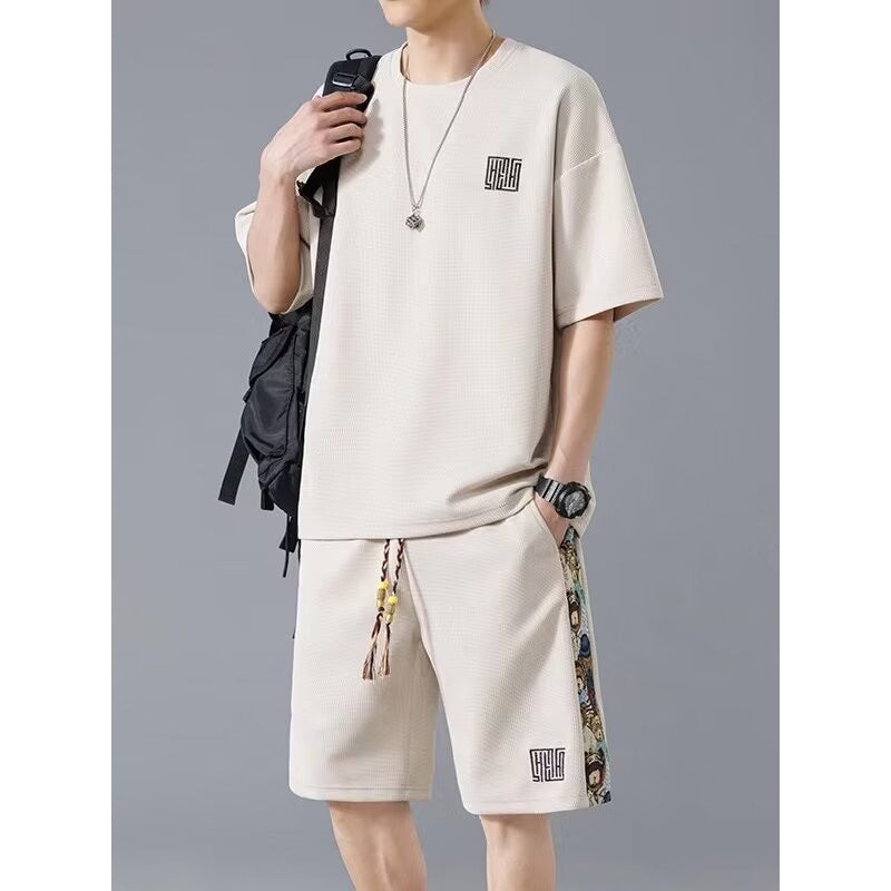 Waffle Embroidery Summer Loose All-match Short Sleeve Two-piece Set - SD & CO.