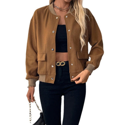 Color blocked cardigan button up baseball collar jacket for women