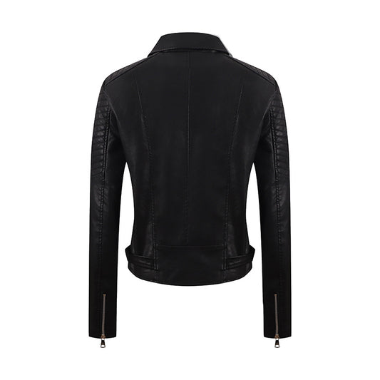 PU Women's Short Leather Oblique Pull Slim Motorcycle Clothing Washed Leather Jacket