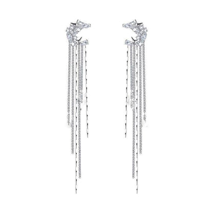 Moon Zircon Long Tassel Chain Earrings Without Ear Holes Small And Elegant Design