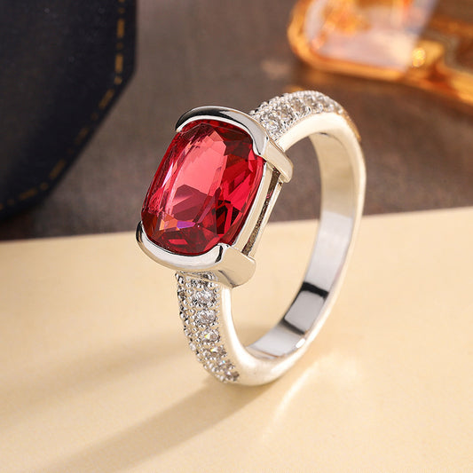 Micro-set Zircon Red Corundum Heart Square Diamond Ring For Women