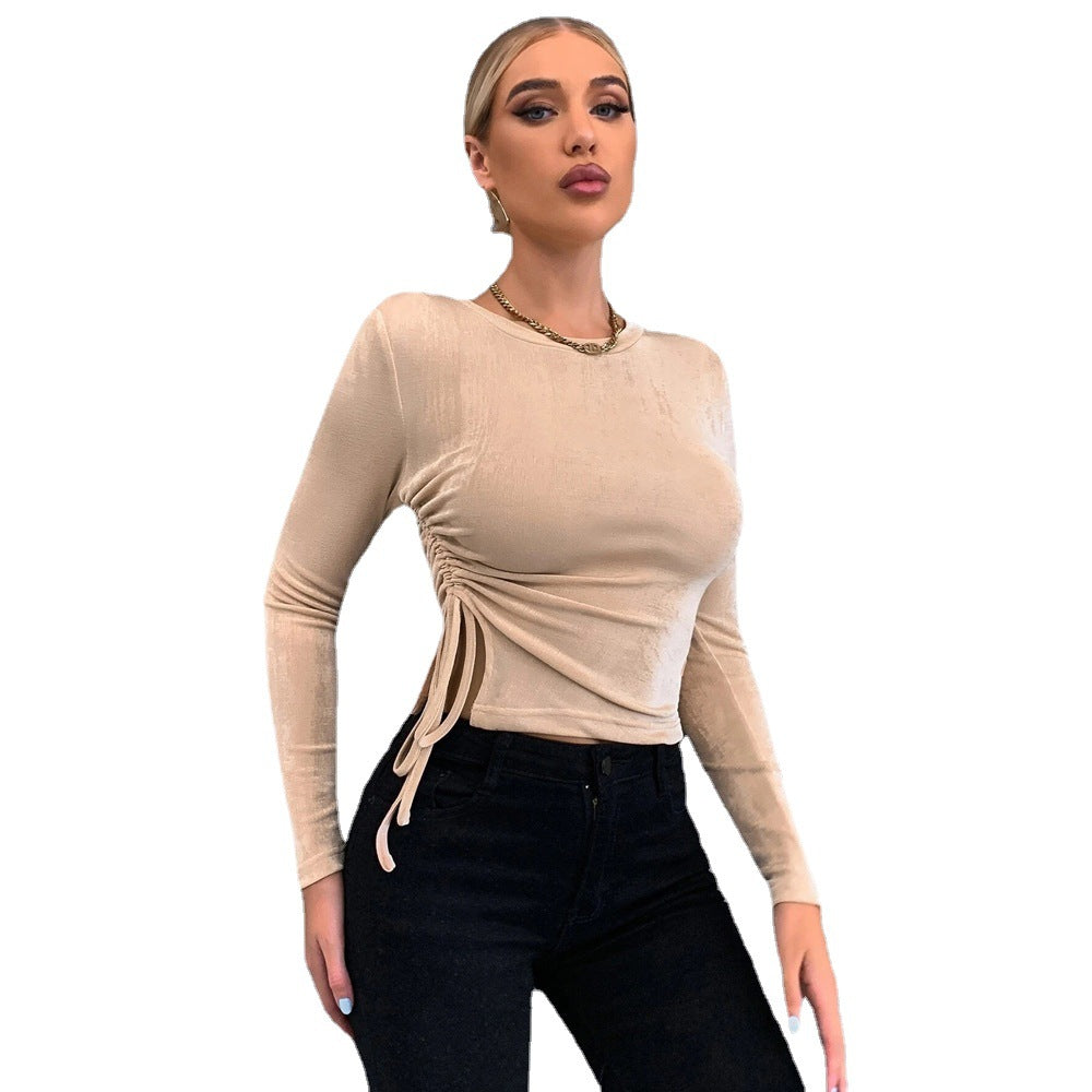 Slim-fit Round-neck Long-sleeve Glossy Knit Top For Women