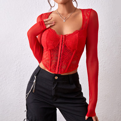 Women's Solid Color Lace Mesh Button-up Corset V-neck Top