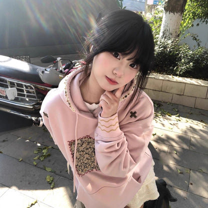 American Retro Patch Embroidery Hooded Sweatshirt Women