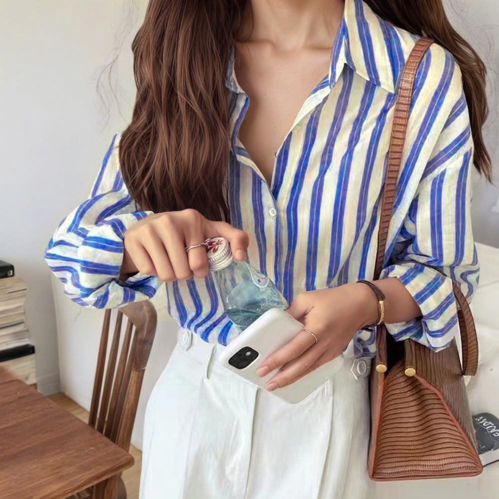 Casual Lapel Elegant Commute Long Sleeve Blue Striped Shirt Women