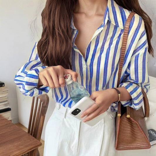 Casual Lapel Elegant Commute Long Sleeve Blue Striped Shirt Women