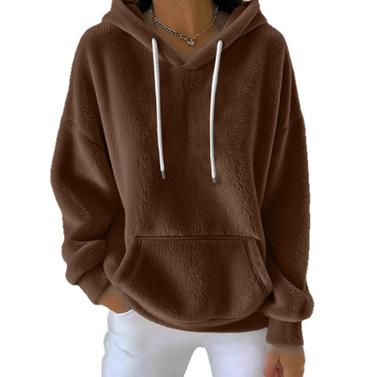 Women's Solid Color Lamb Fleece Lined Versatile Sweatshirt For Autumn And Winter