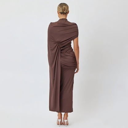 Round Neck Wrap Shoulder Solid Color Spliced Ribbon Dress