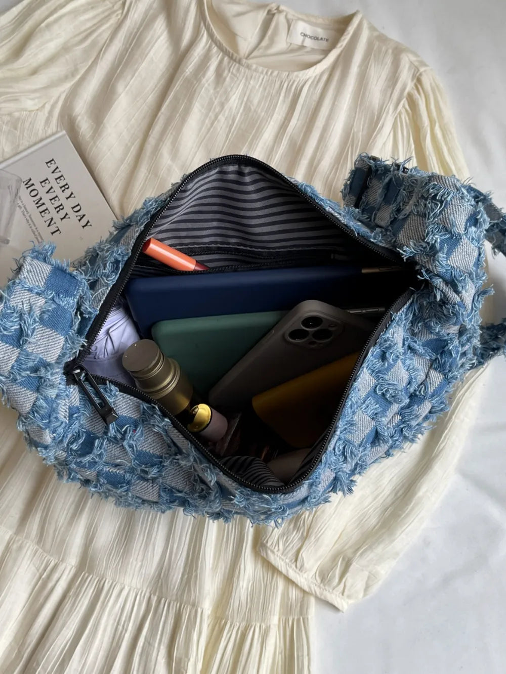 Checkered Raw Edge Denim Shoulder Bag