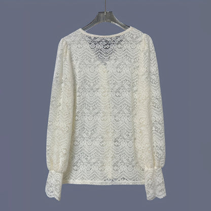 Women's Solid Color Lace Trim Blouse, V-Neck Button-Down Shirt With Elegant Detail For Professional Wear