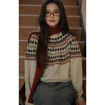 Wool Fair Isle Knit Crewneck Sweater Women Soft Top