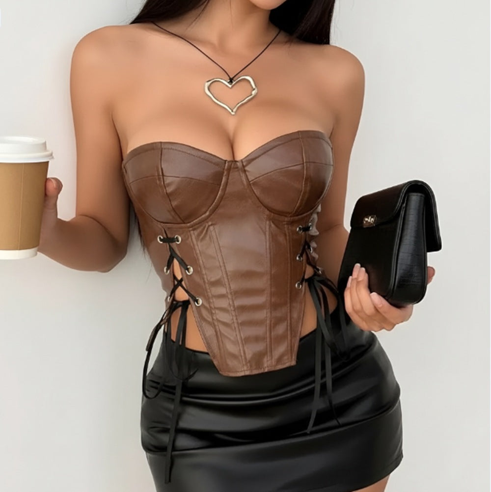 Low cut off shoulder back hollowed out strapless top vest