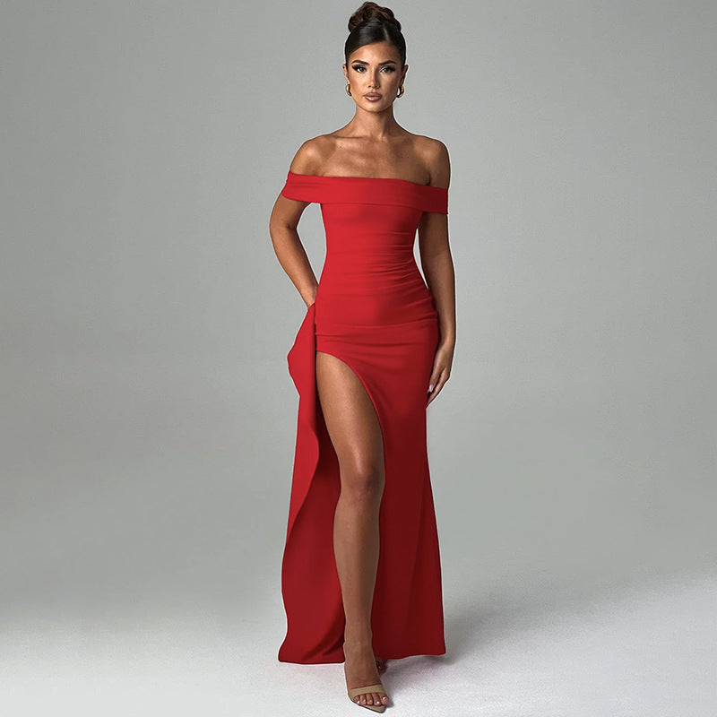 One shoulder slit elegant slim fit dress for women long skirt