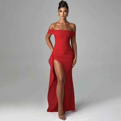 One shoulder slit elegant slim fit dress for women long skirt