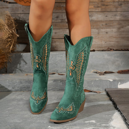 Suede Embroidery Mid Heel Knight Boots Large Size Thick Heel Cowboy Boot