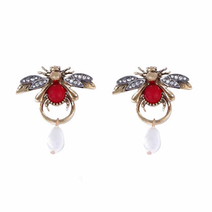 Personality Temperament Alloy Insect Bee Water Drop Imitation Pearl Earrings
