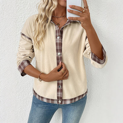 Copy of Flip collar plaid corduroy patchwork autumn women's jacket