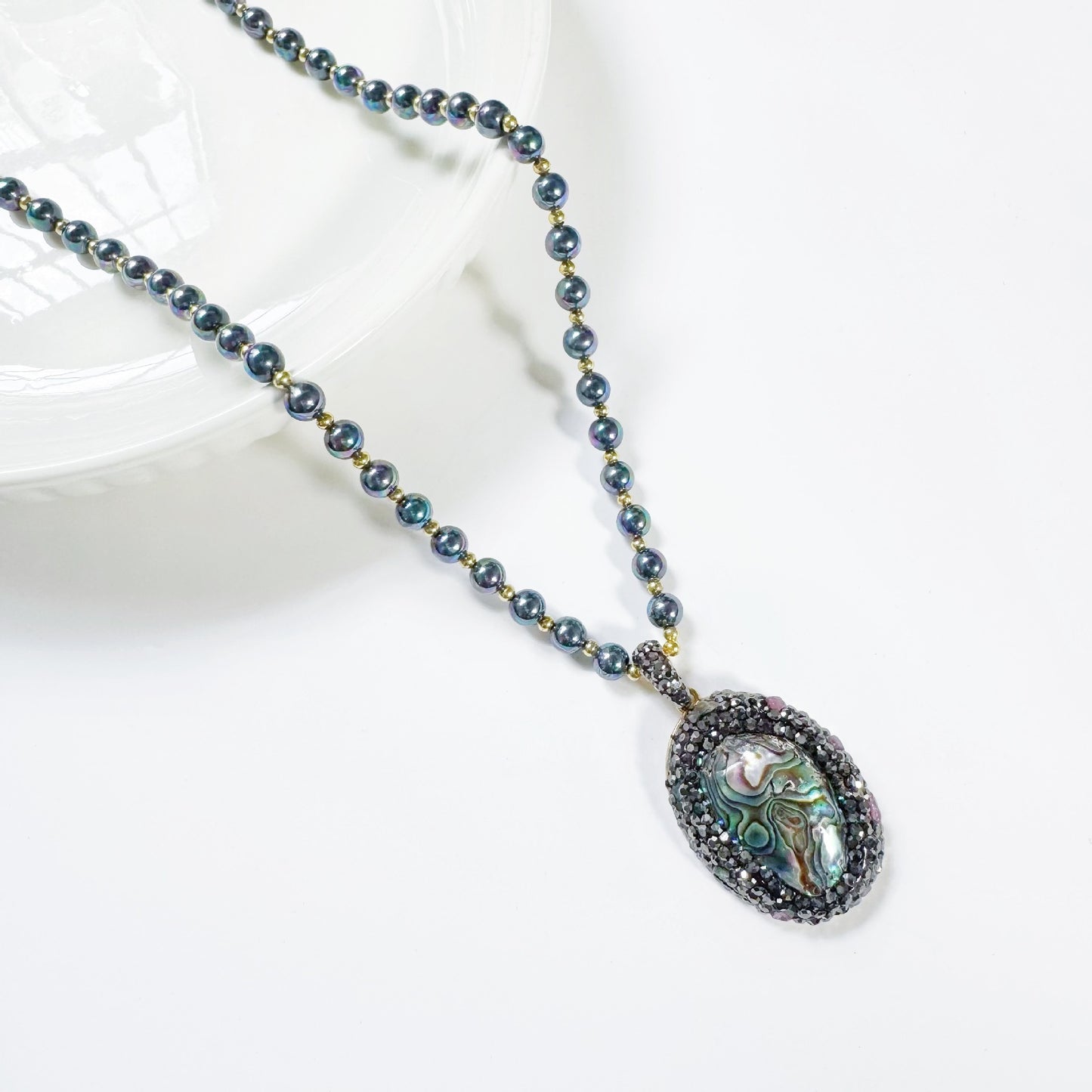 Natural Abalone Shell Pendant Black Stone Necklace