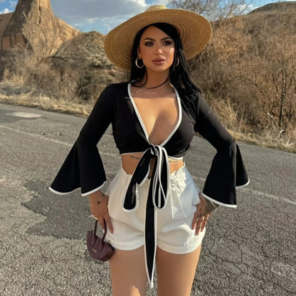 Copy of V-neck lace up long sleeved sexy spicy girl short top