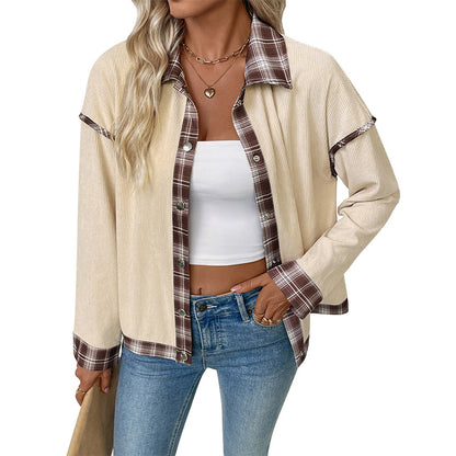 Copy of Flip collar plaid corduroy patchwork autumn women's jacket