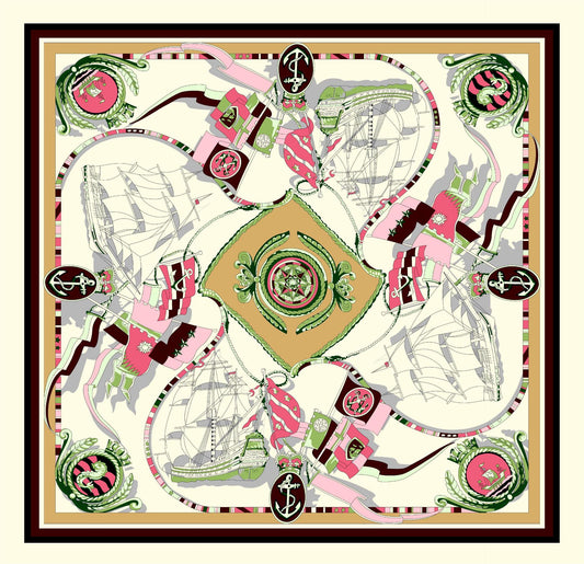 Sailing Print Emulation Silk Scarf Fashion Shawl