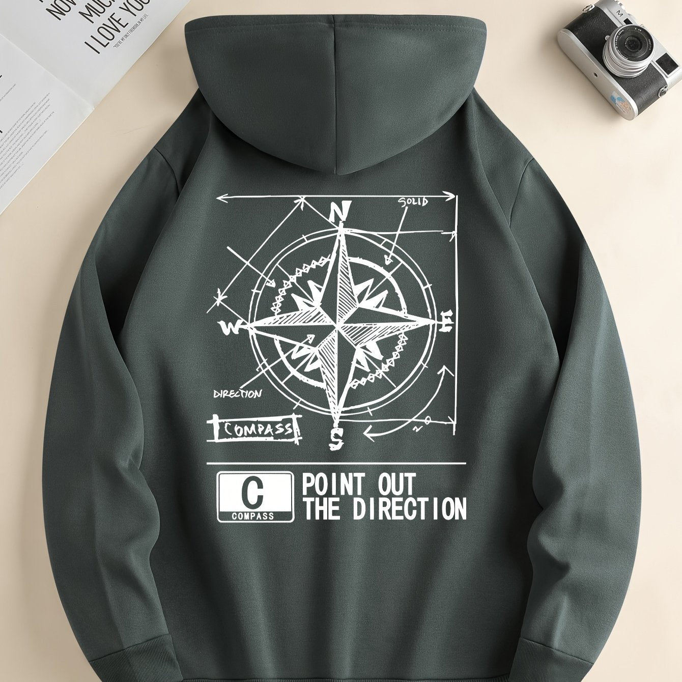 Fashion Green Compass Pattern Hoodie Casual Autumnwinter Pullover With Drawstring Kangaroo Pocke
