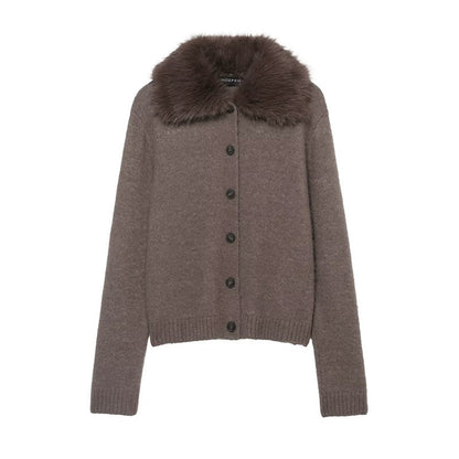 Cardigan with Faux Fur Effect Lapel Knitted Coat Women