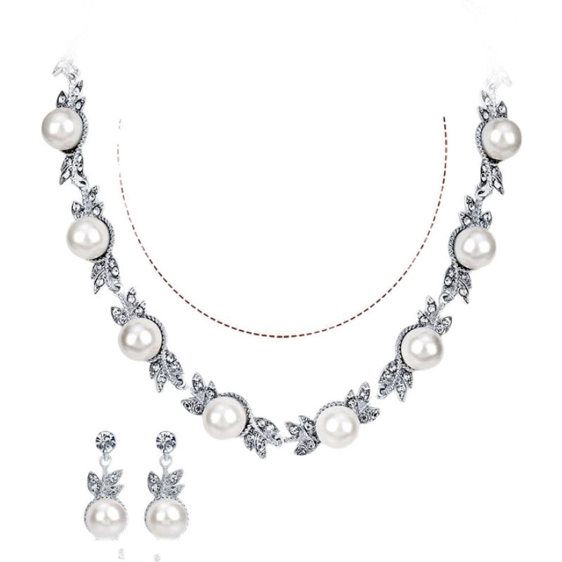 Simple And Elegant Three-piece Set Rhinestone And Pearl Necklace Earrings And Bracelet