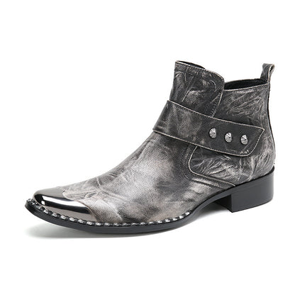Chunky Heel Cowhide Gray Lace-up Motorcycle Boots Hairstylist Leather Boots