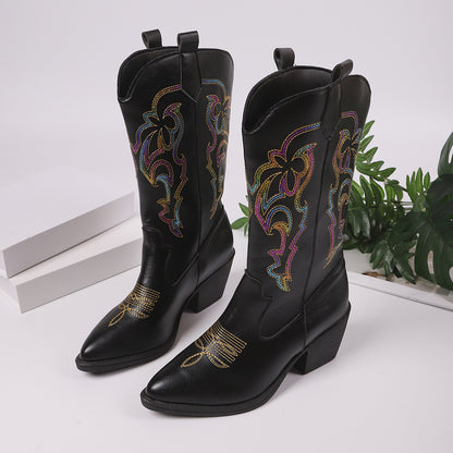 Embroidered Knight Boots Women Pointed Toe Chunky Heel Cowboy Boot