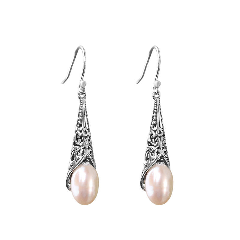 S925 Silver Inlaid Baroque Long Pearl Earrings