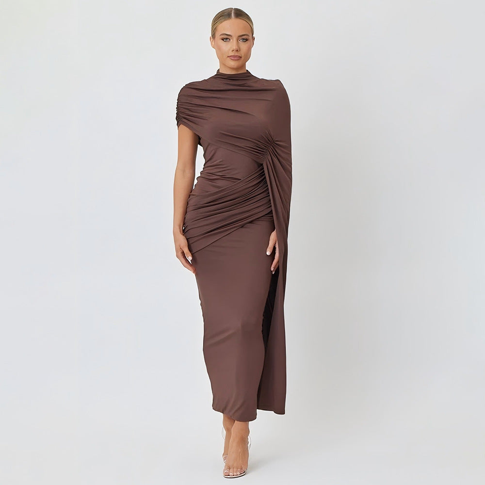 Round Neck Wrap Shoulder Solid Color Spliced Ribbon Dress