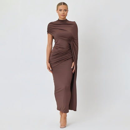 Round Neck Wrap Shoulder Solid Color Spliced Ribbon Dress