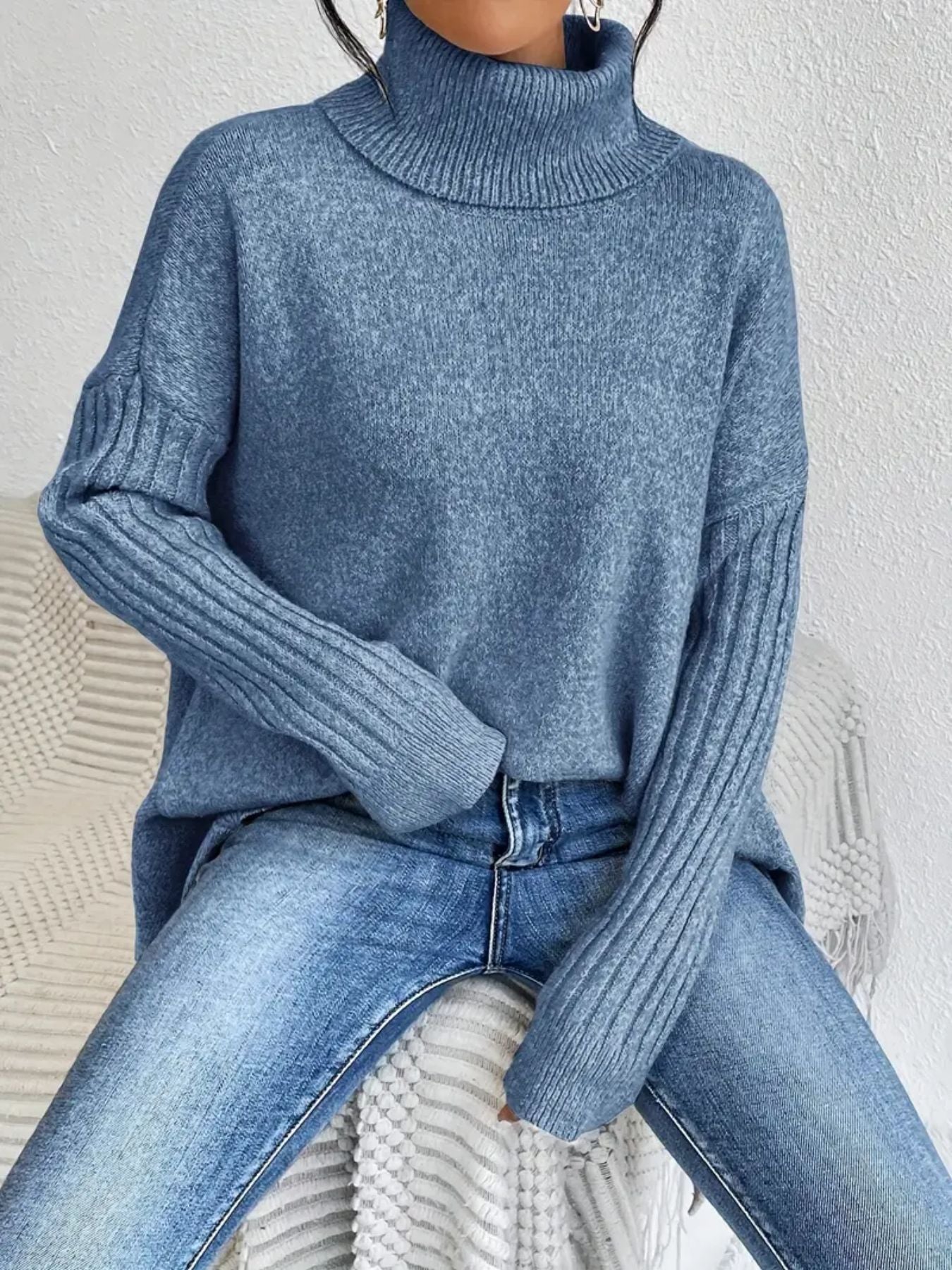 Irregular Turtleneck Sweater Winter Loose Long Sleeve Knitted Tops Leisure Warm Pullover Sweater Women's Clothing - SD & CO.