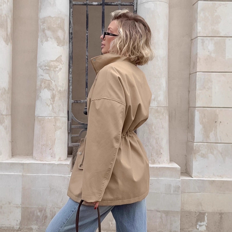 Drawstring Trench Khaki Waist Mid-length Coat - SD & CO.
