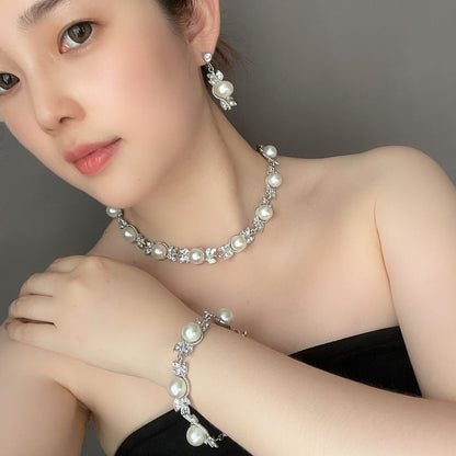 Simple And Elegant Three-piece Set Rhinestone And Pearl Necklace Earrings And Bracelet