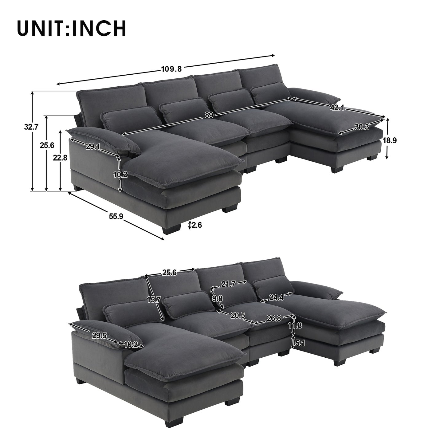 New Modern U-shaped Sectional Sofa, 6-Seat With Waist Pillows 109.8 55.9