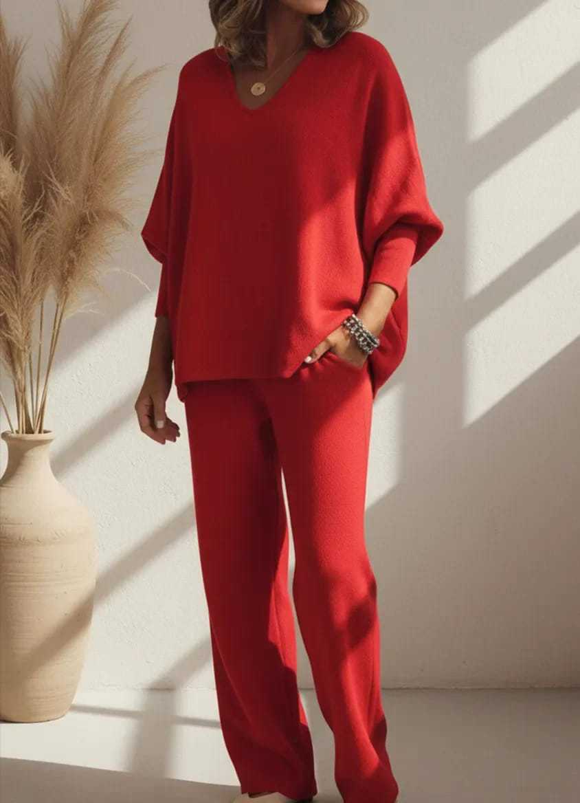 V-neck Long-sleeved Top Knitted Home Pants Suit 2-piece Set