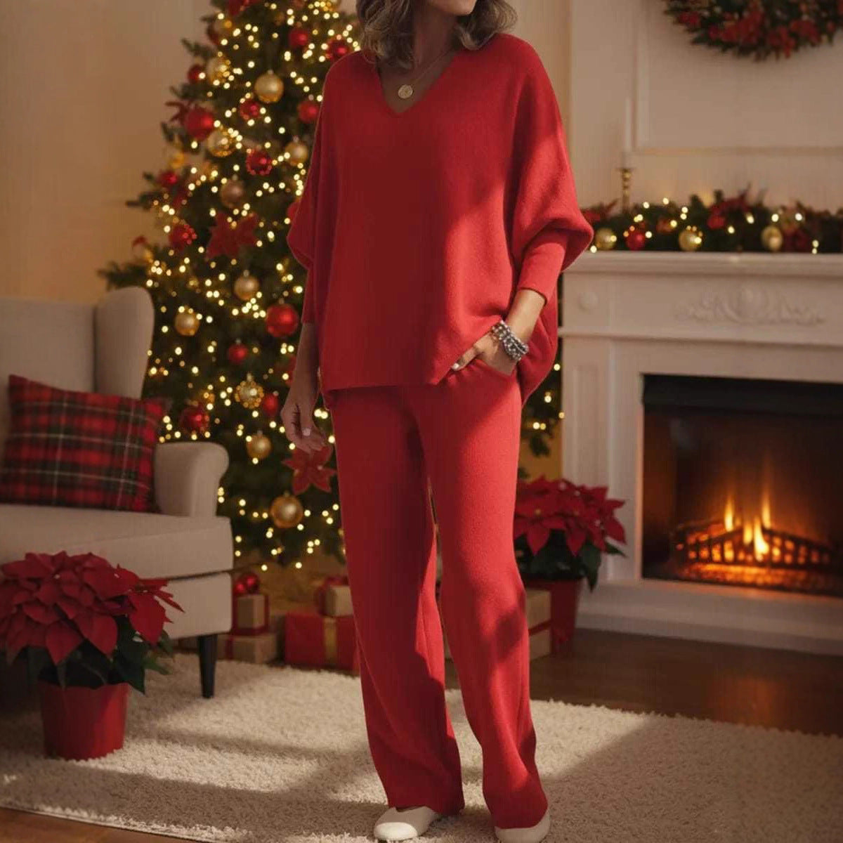 V-neck Long-sleeved Top Knitted Home Pants Suit 2-piece Set