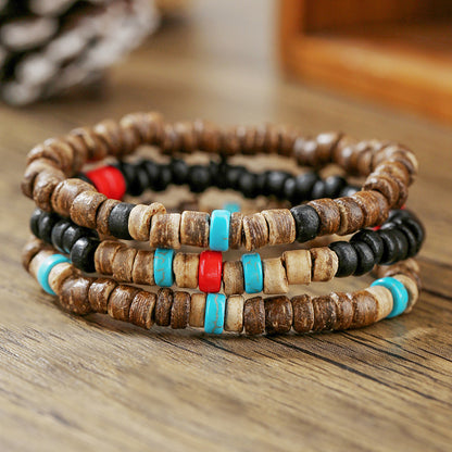 Retro Men's Coconut Wood Multi-Layer Stackable Bracelet Set