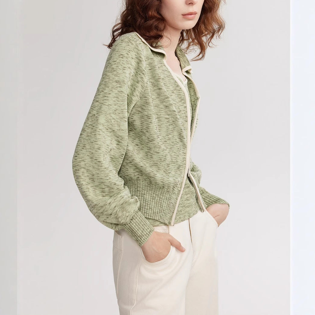 Simple Ribbed Waist-Cinched Women's Knit Sweater, Outdoor Sporty V-Neck Jacket