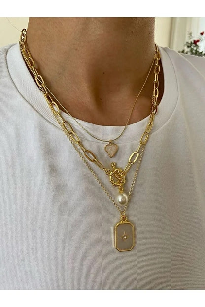 Pole Star Pearl Enamel Necklace Set Three Piece Layered Adjustable Fashion Jewelry Gift For Her