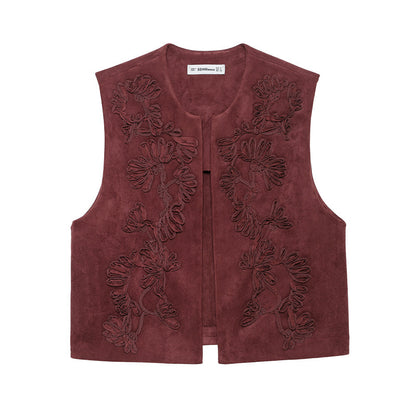 European And American Style Women's Fashion Casual Embroidery Suede Vest Jacket