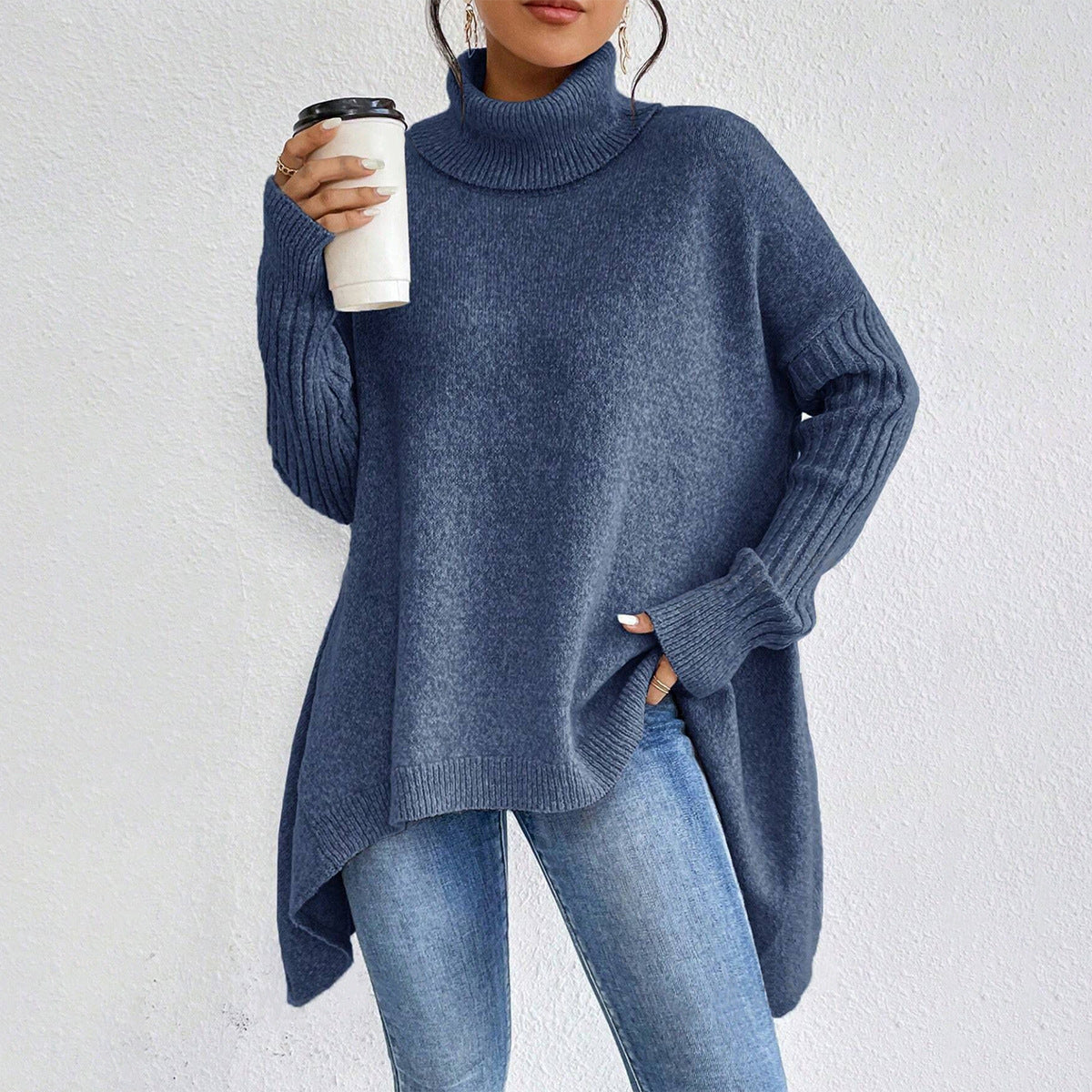 Irregular Turtleneck Sweater Winter Loose Long Sleeve Knitted Tops Leisure Warm Pullover Sweater Women's Clothing - SD & CO.