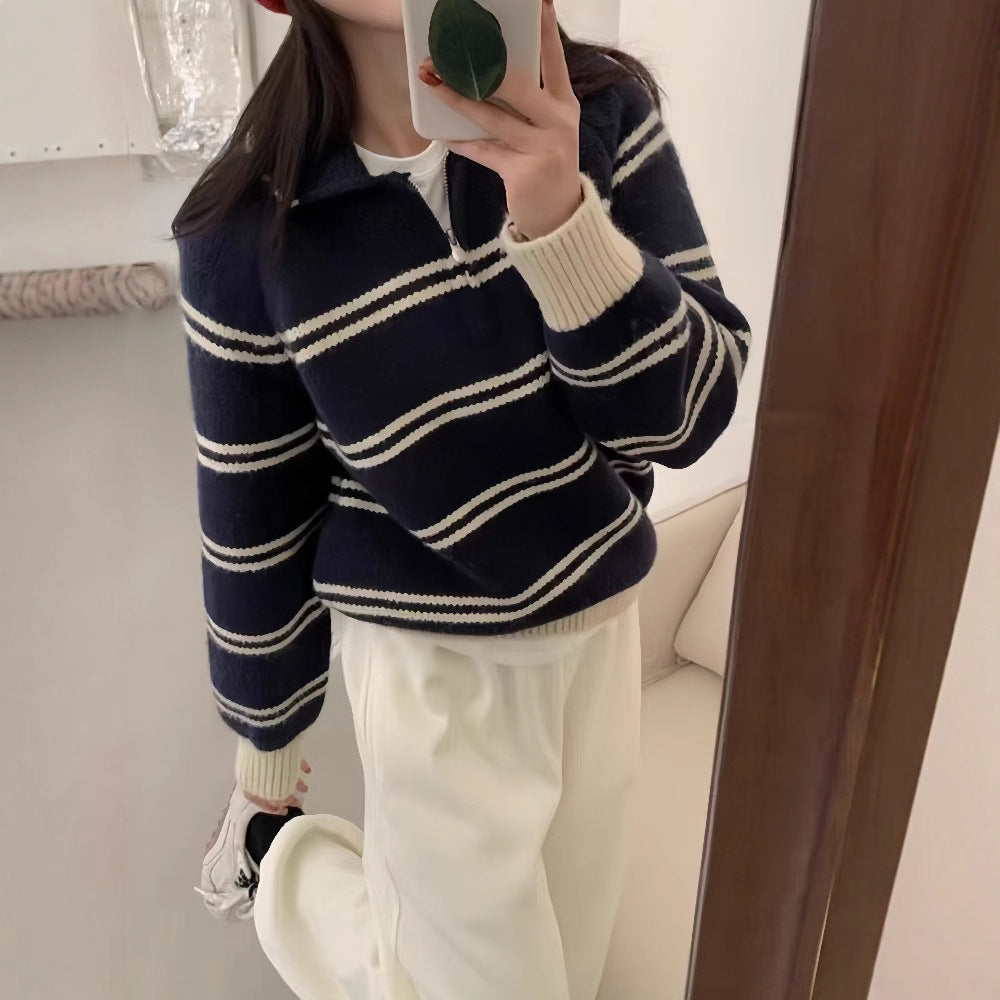 Polo Neck Striped Crewneck Sweater for Women, Turn-down Collar Half-zip Soft and Youthful Thick Knit Top