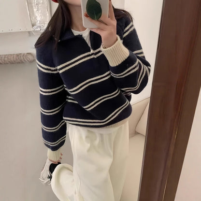 Polo Neck Striped Crewneck Sweater for Women, Turn-down Collar Half-zip Soft and Youthful Thick Knit Top