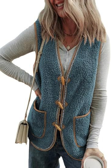 Women's Casual Contrast Color Sleeveless Cardigan Outerwear Plush Vest