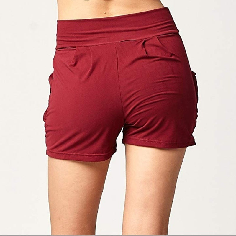 European And American Solid Color High Waist Pleated Pocket Shorts Fashion Casual Hot Pants Women