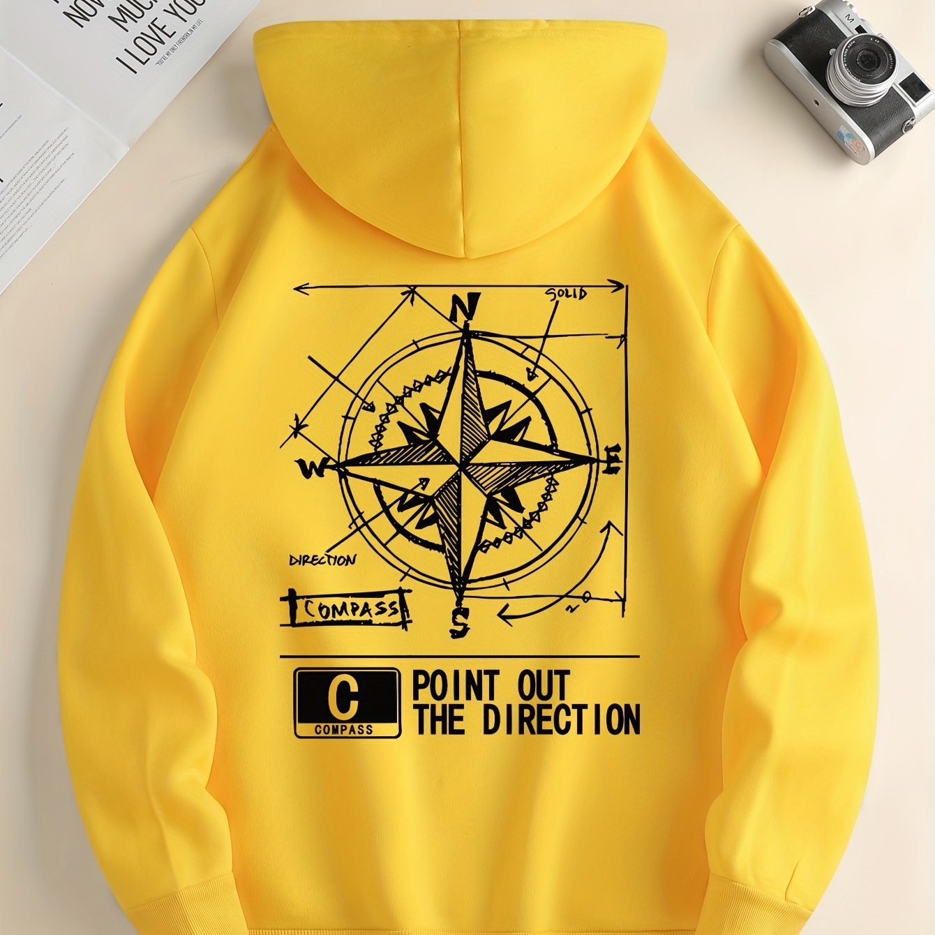 Fashion Green Compass Pattern Hoodie Casual Autumnwinter Pullover With Drawstring Kangaroo Pocke
